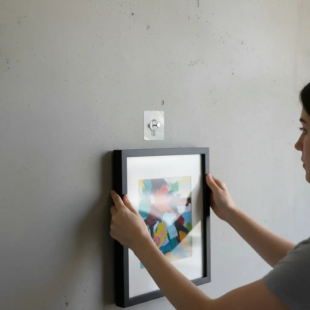 Person hanging a framed picture frame on a concrete wall with a QuickStick Stud attached to it.