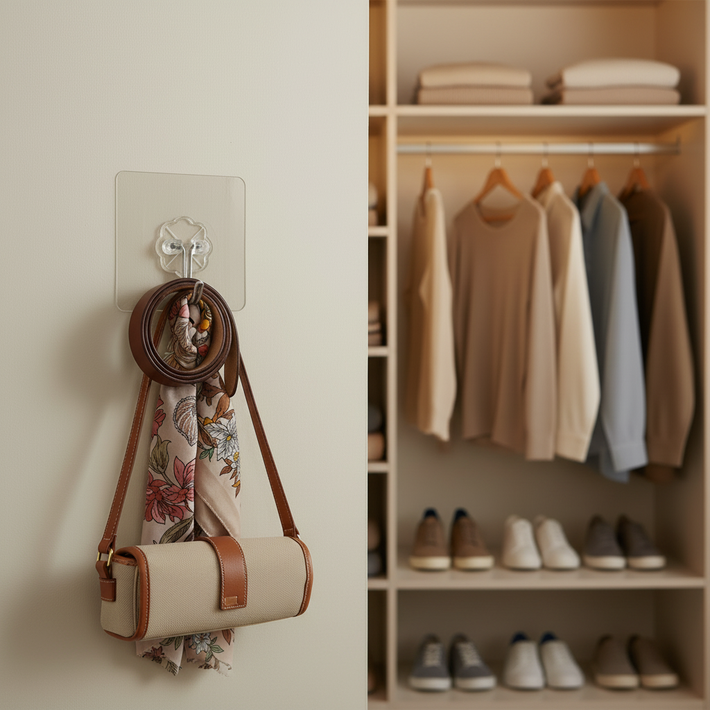 Handbag with a floral design, a belt, and a eye glasses case all hanging from a QuickStick Hook in a closet setting.