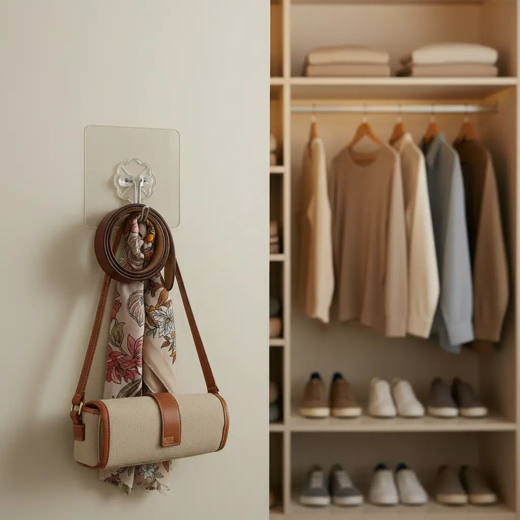 Handbag with a floral design, a belt, and a eye glasses case all hanging from a QuickStick Hook in a closet setting.