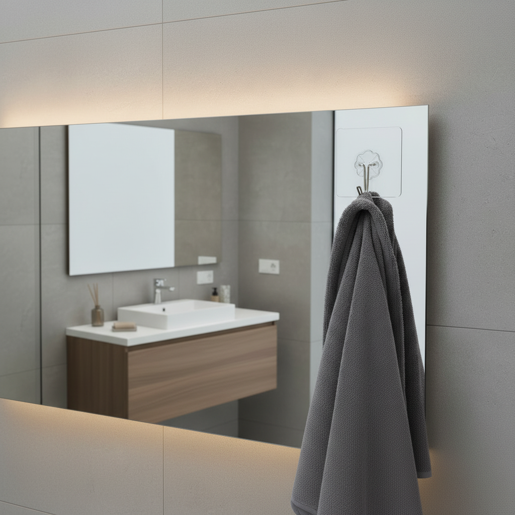Modern bathroom with a QuickStick Hook attached to a mirror hanging a grey towel.