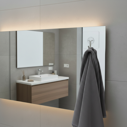 Modern bathroom with a QuickStick Hook attached to a mirror hanging a grey towel.