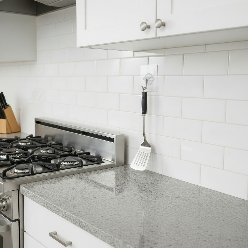 Modern kitchen with white backsplash and a QuickStick Hook attached hanging a spatula.
