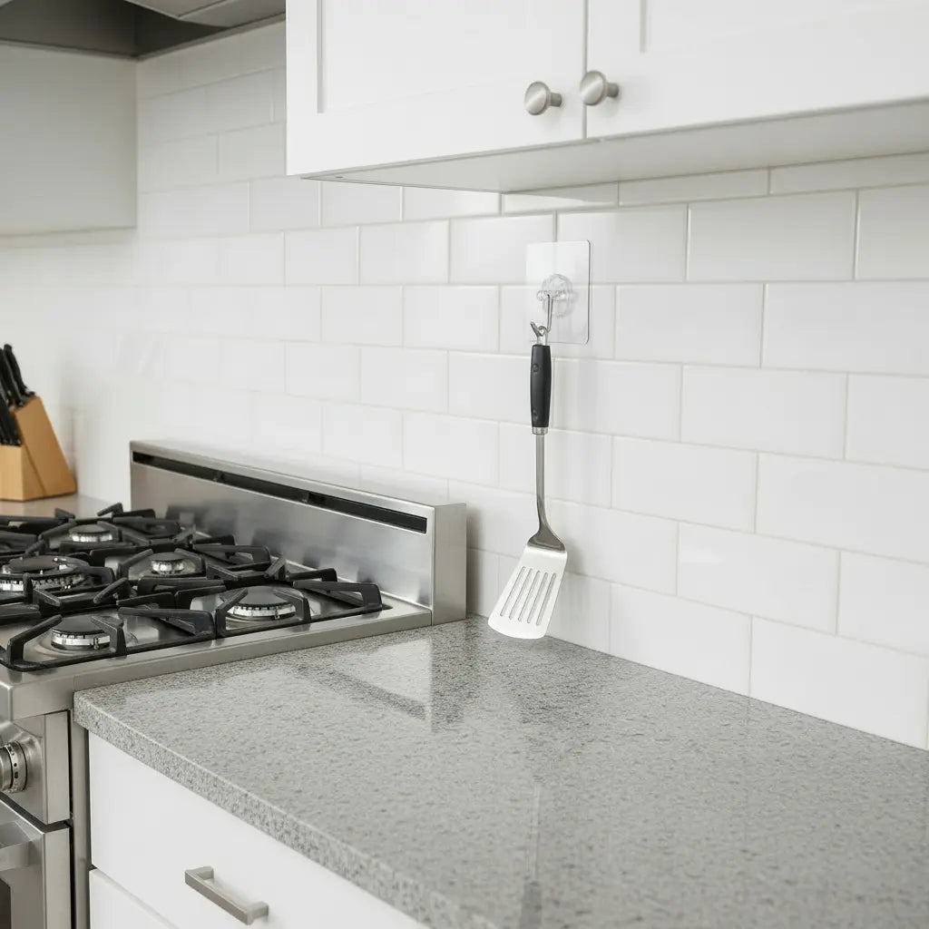 Modern kitchen with white backsplash and a QuickStick Hook attached hanging a spatula.