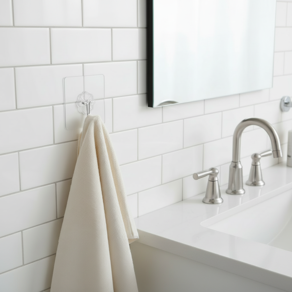 Bathroom with white tile backsplash and a QuickStick Hook attached hanging a cream colored towel.