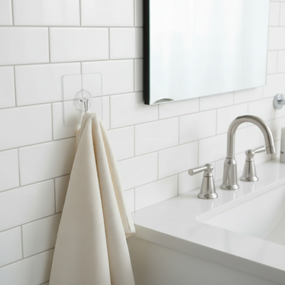 Bathroom with white tile backsplash and a QuickStick Hook attached hanging a cream colored towel.