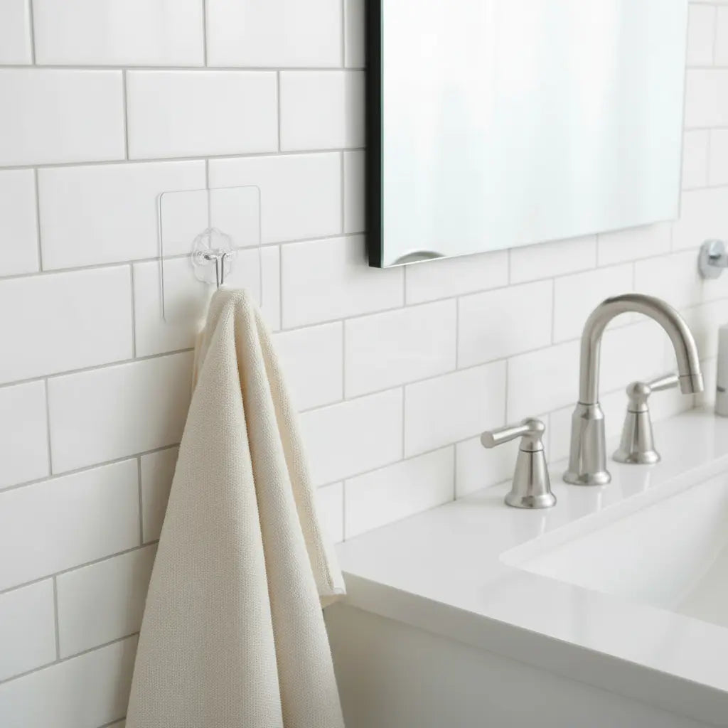Bathroom with white tile backsplash and a QuickStick Hook attached hanging a cream colored towel.
