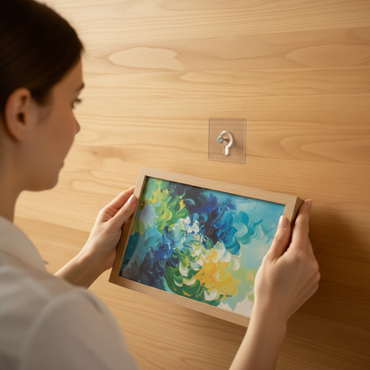 Person holding a framed picture frame in front of a wooden wall with a QuickStick Stud attached.