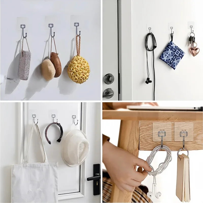 Variety of surfaces with QuickStick Heavy Duty Hooks attached and hanging a variety of bathroom, kitchen, and home goods from them.