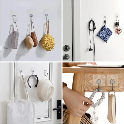 Variety of surfaces with QuickStick Heavy Duty Hooks attached and hanging a variety of bathroom, kitchen, and home goods from them.