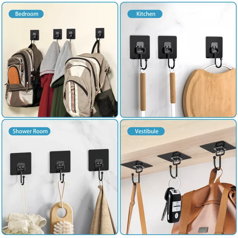 Bedroom, kitchen, bathroom, and vestibule applications of the QuickStick Heavy Duty Hooks hanging a variety of items.