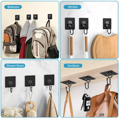 Bedroom, kitchen, bathroom, and vestibule applications of the QuickStick Heavy Duty Hooks hanging a variety of items.