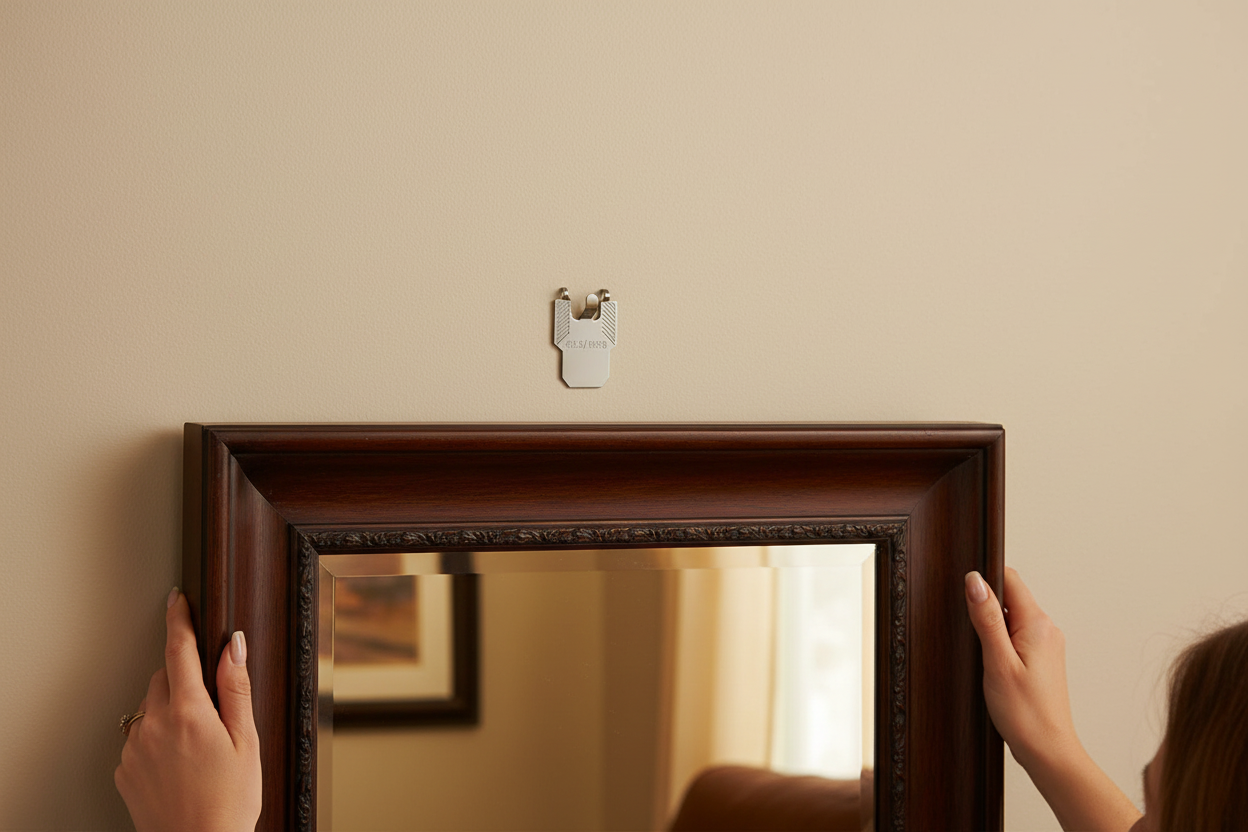 Hands hanging mirror on beige drywall - close-up
