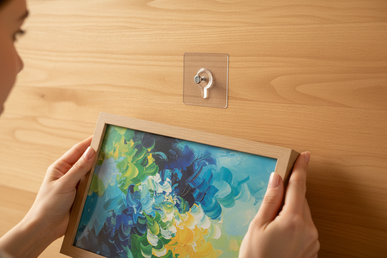 Hands hanging picture on wood - front view